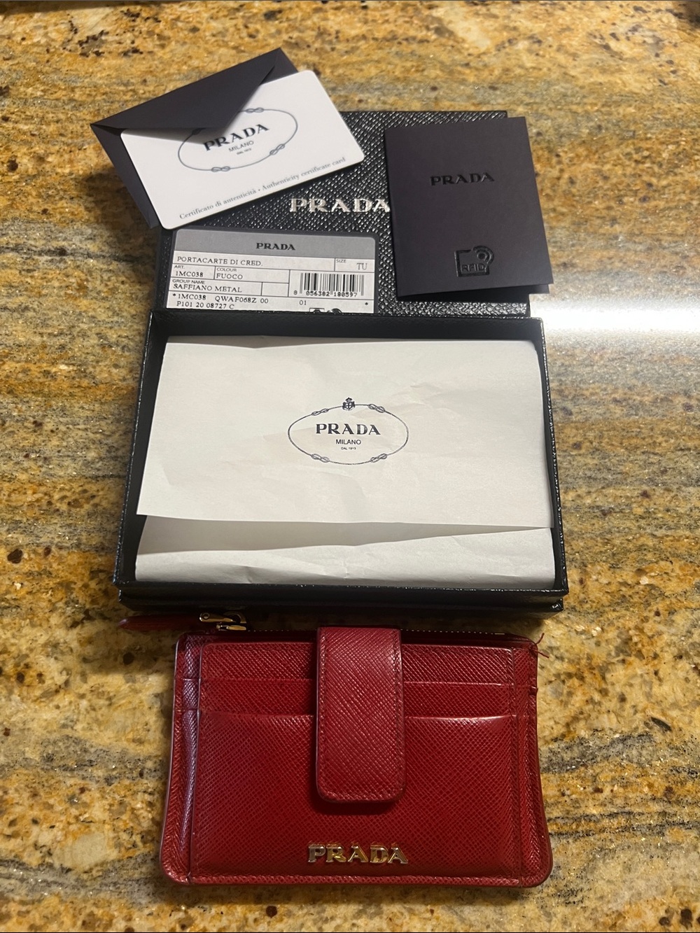 Prada Red Saffiano Leather small wallet with Gold Logo